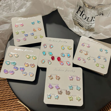 DAIIIBABYYY  -  Colorful Fairy Heart Stone Butterfly Moon Star Stud Earrings Set Women Y2K Sparkling Fashion Week 7 Days Earring Jewelry Gift